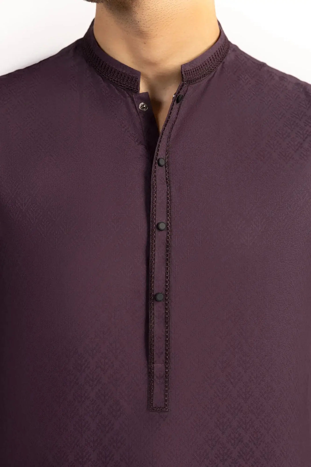 Close-up of Purple J. Kurta's button placket and band collar with intricate detailing, showcasing premium semi-formal craftsmanship.