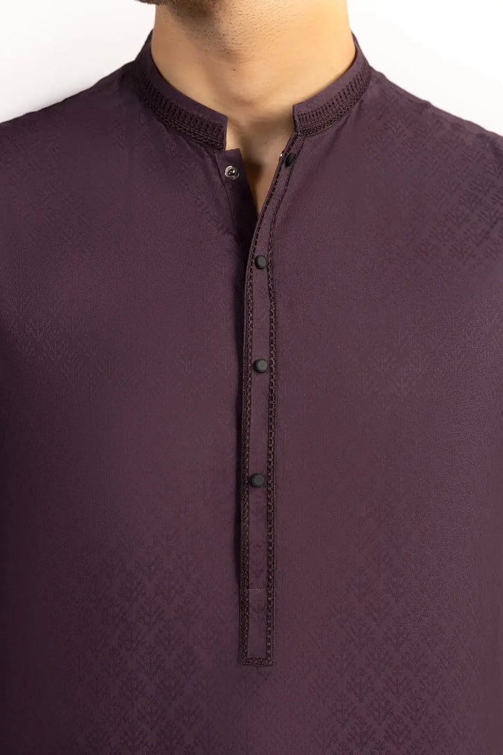 Close-up of Purple J. Kurta's button placket and band collar with intricate detailing, showcasing premium semi-formal craftsmanship.