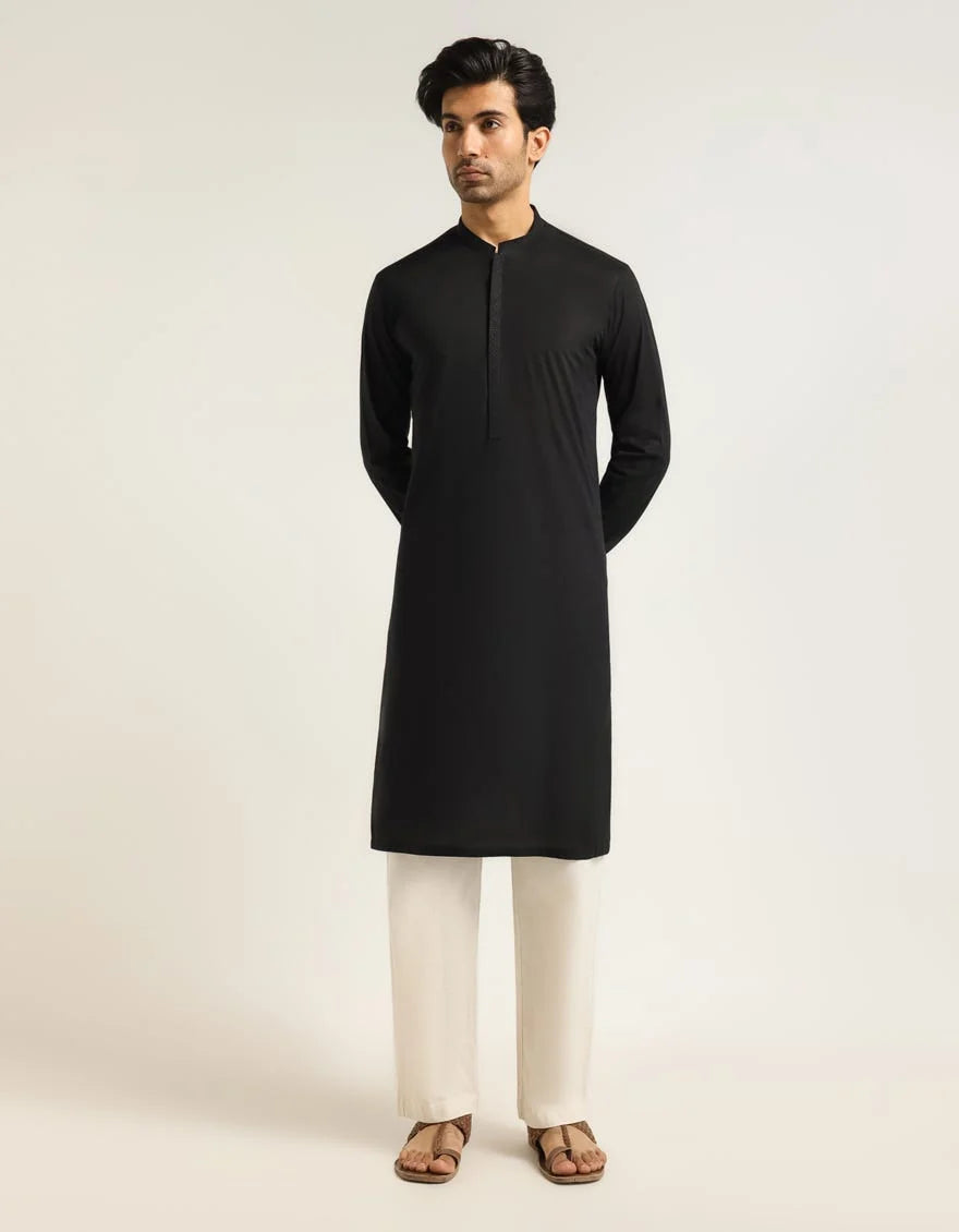 black cotton semi-formal kurta | JJKA33817-05