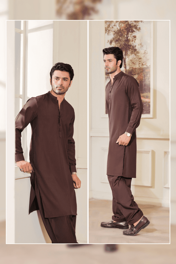 Dual angle view of Gents Shalwar Kameez MA-108 in dark brown, made with premium wash n wear fabric, perfect for formal and festive occasions.