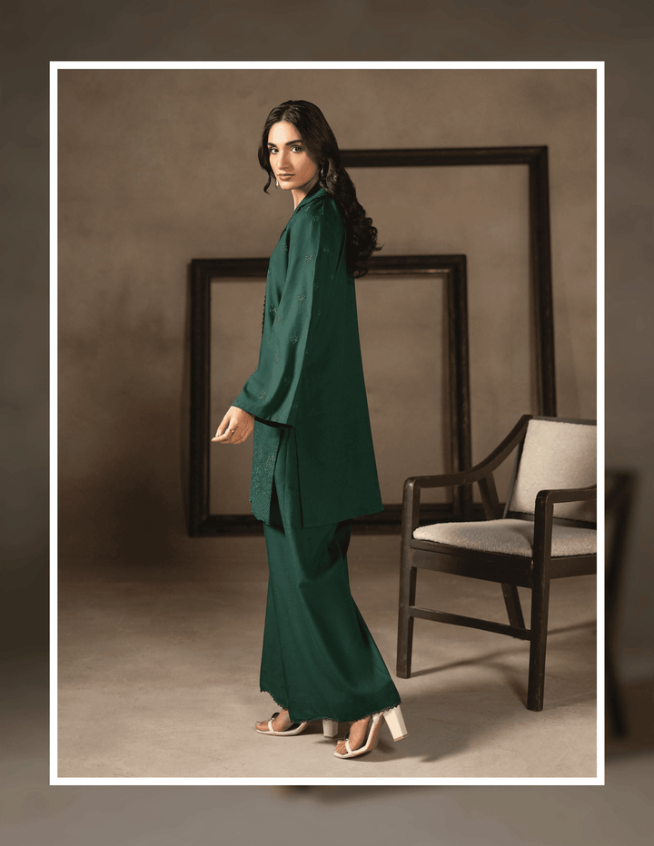 Side view of RANGREZA EA-49-3804 green two piece set with embroidered kurta and trousers, perfect for elegant daily wear in colder seasons.