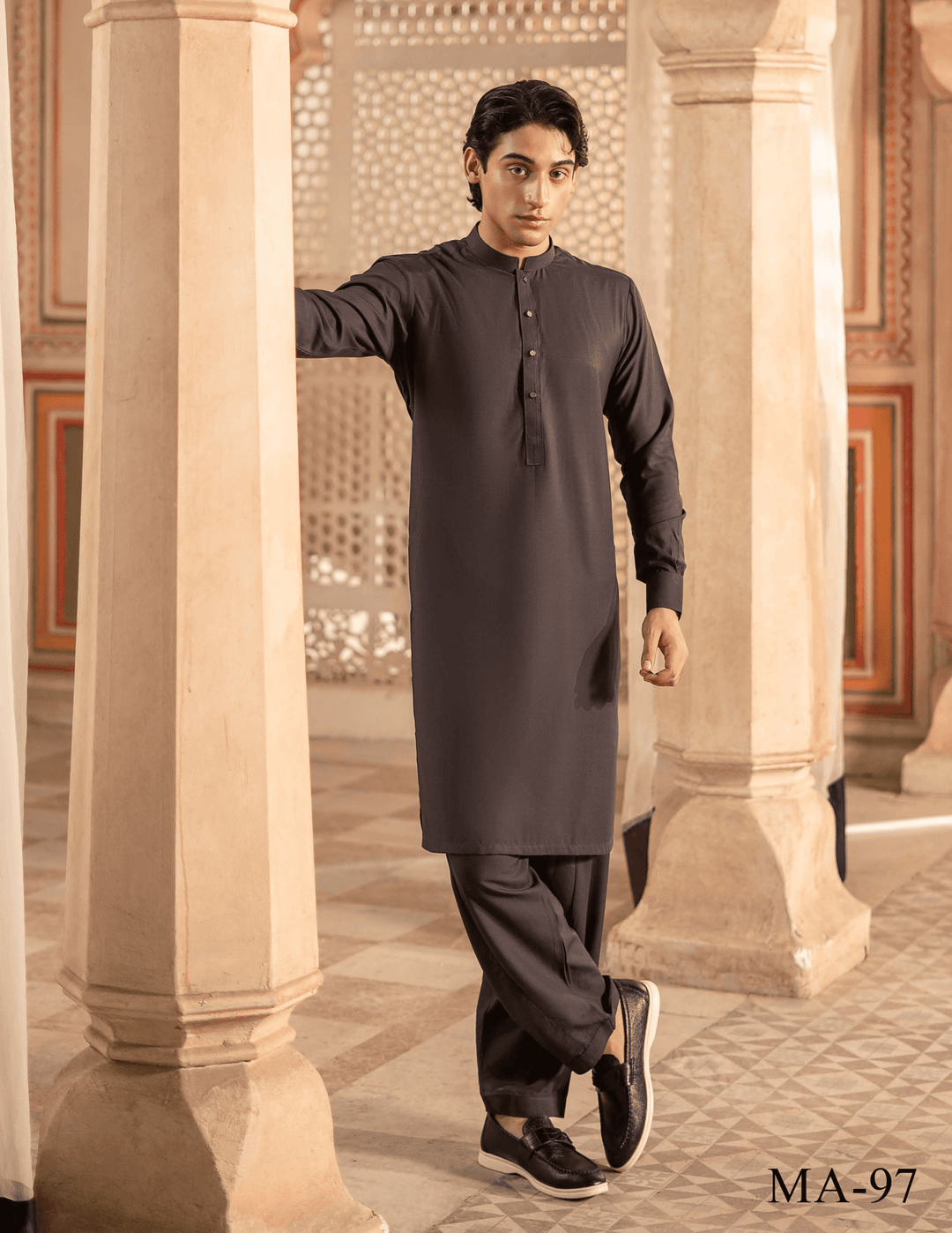 Men's RANGREZA MA-97 brown kameez shalwar set with a sleek regular fit, styled for traditional and modern wear in apparel & accessories.