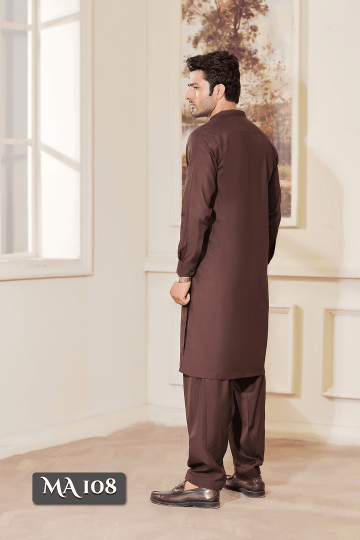 Back view of exclusive dark brown Shalwar Kameez MA-108 for men, highlighting the smooth wash n wear fabric and tailored fit for traditional Pakistani attire.