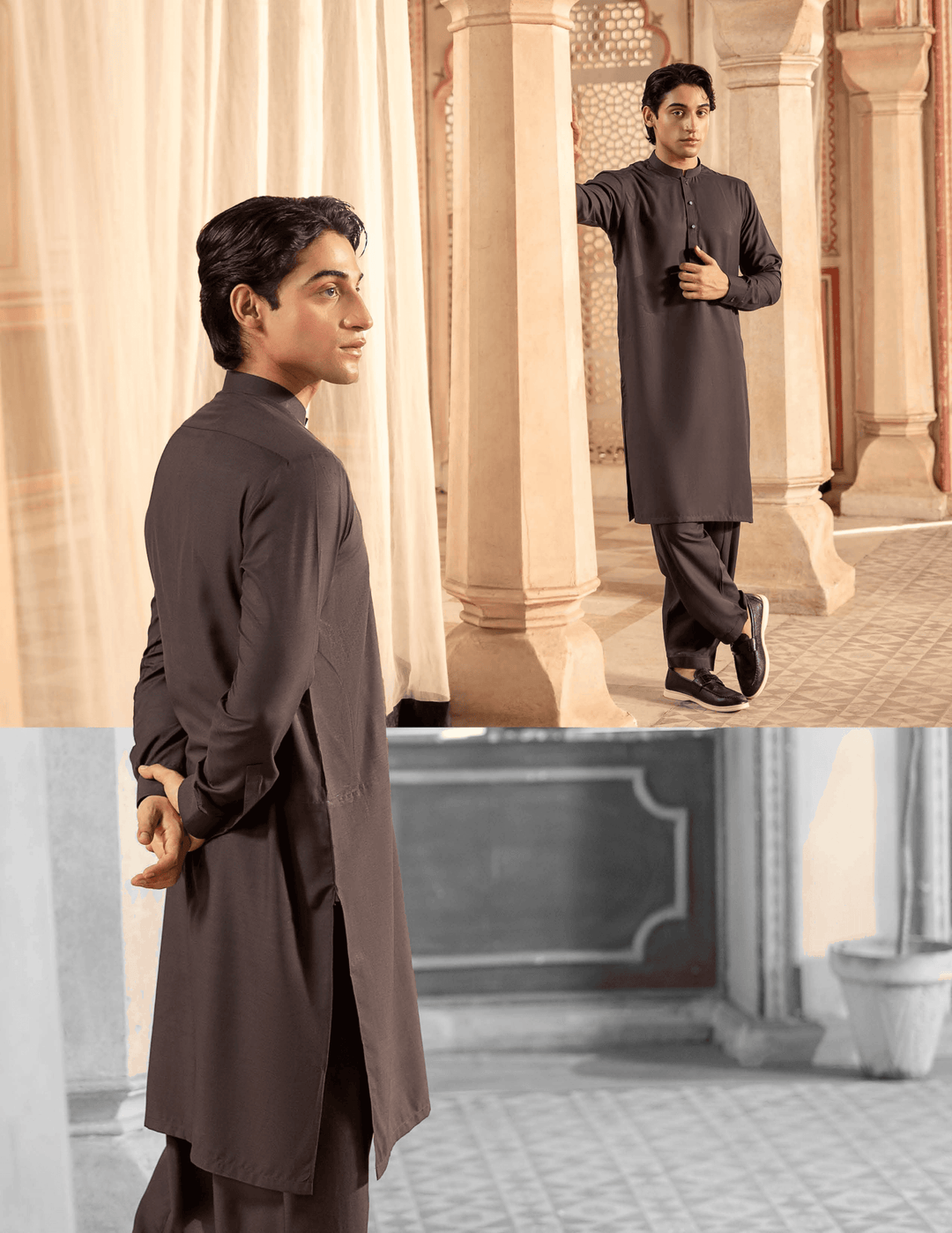 Back and side views of RANGREZA MA-97 brown shalwar kameeze, showcasing the elegant tailoring and comfort fit for men's ethnic fashion.