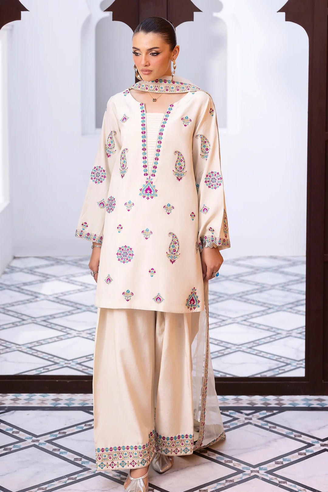 3-PC Embroidered Raw-Silk | CMA-6-404-14