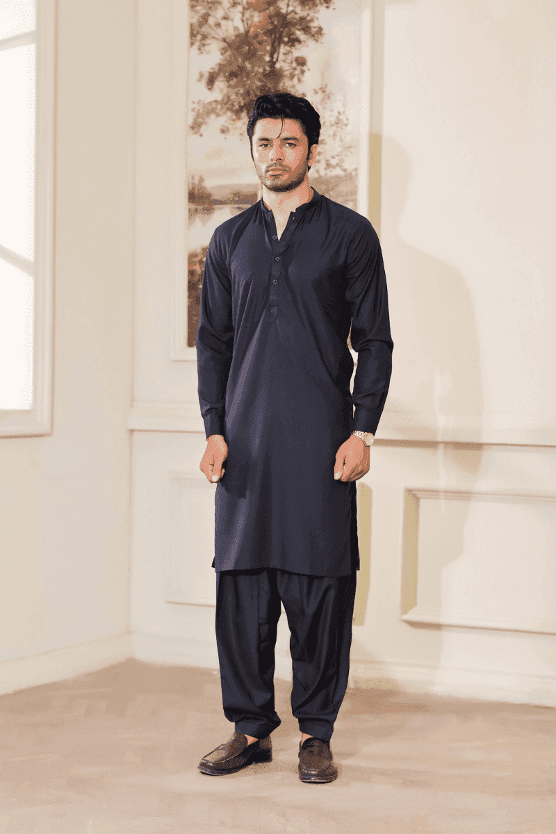 Shop Kameez Shalwar Blue - Pakistani Men Wash N Wear | MA-109 featuring a classic straight-cut design with full sleeves and band collar.