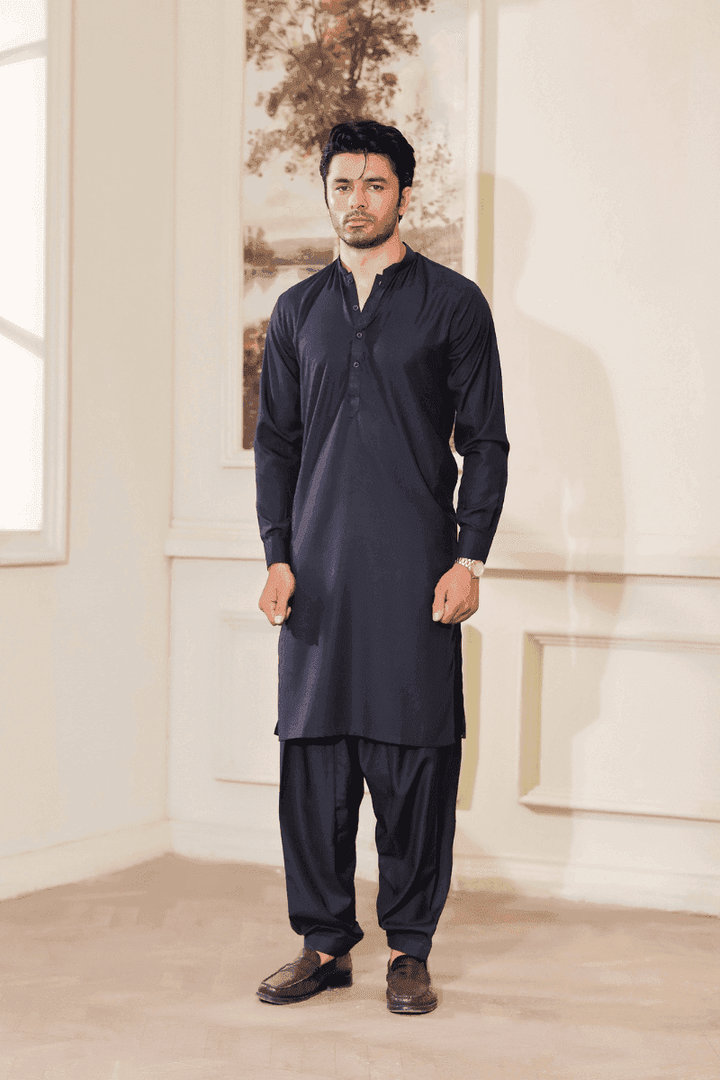 Shop Kameez Shalwar Blue - Pakistani Men Wash N Wear | MA-109 featuring a classic straight-cut design with full sleeves and band collar.
