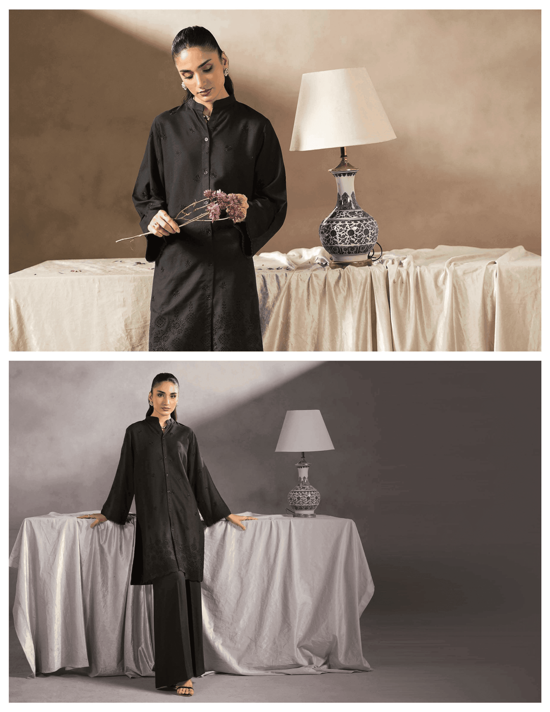 Model wearing RANGREZA EA-43-38 black kurta set in two styled poses, highlighting the suit's versatility and modern elegance.