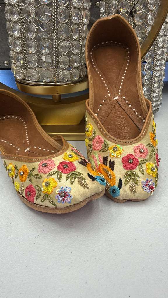 Jhoom Yellow Jutti - Khussa shoes for women with multicolor floral embroidery, ideal for ethnic and Western outfits in flats category.