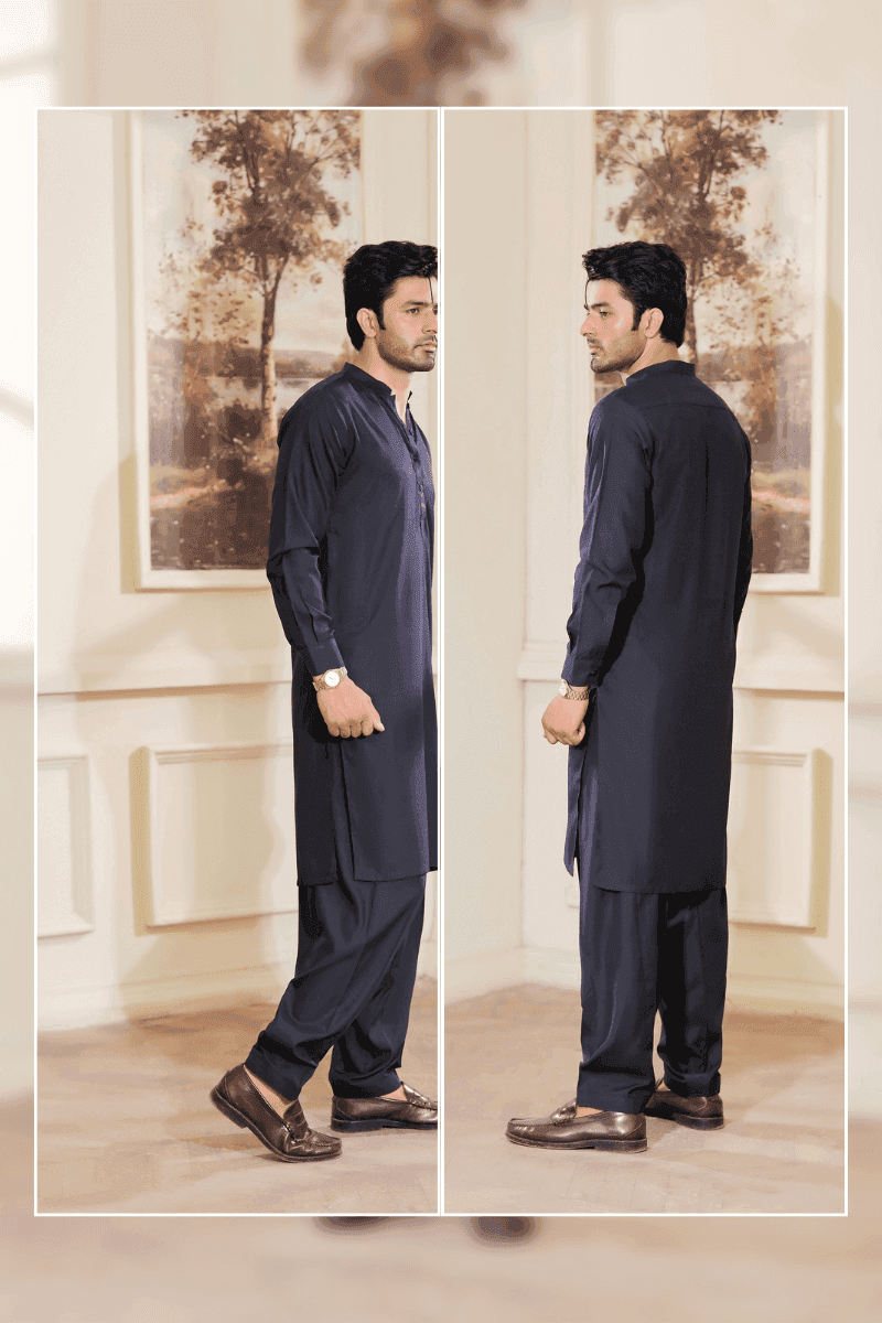 Blue Kameez Shalwar MA-109 in wash n wear fabric shown from side and back angles, ideal for traditional Pakistani menswear.