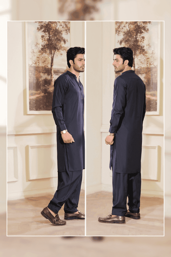 Blue Kameez Shalwar MA-109 in wash n wear fabric shown from side and back angles, ideal for traditional Pakistani menswear.