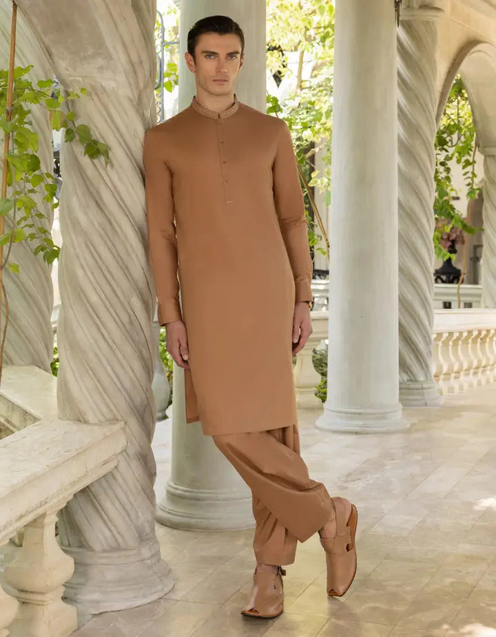 LIGHT BROWN COTTON KAMEEZ SHALWAR | JJKS-S-37711