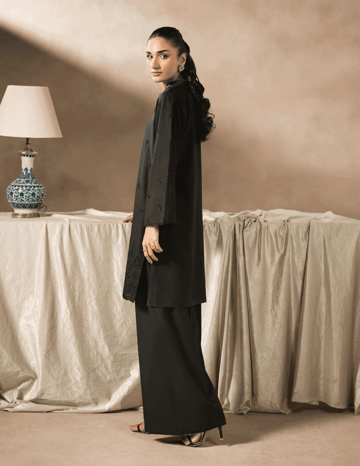 Back view of RANGREZA EA-43-38 Pakistani two piece suit featuring elegant embroidery and relaxed fit for contemporary winter fashion.