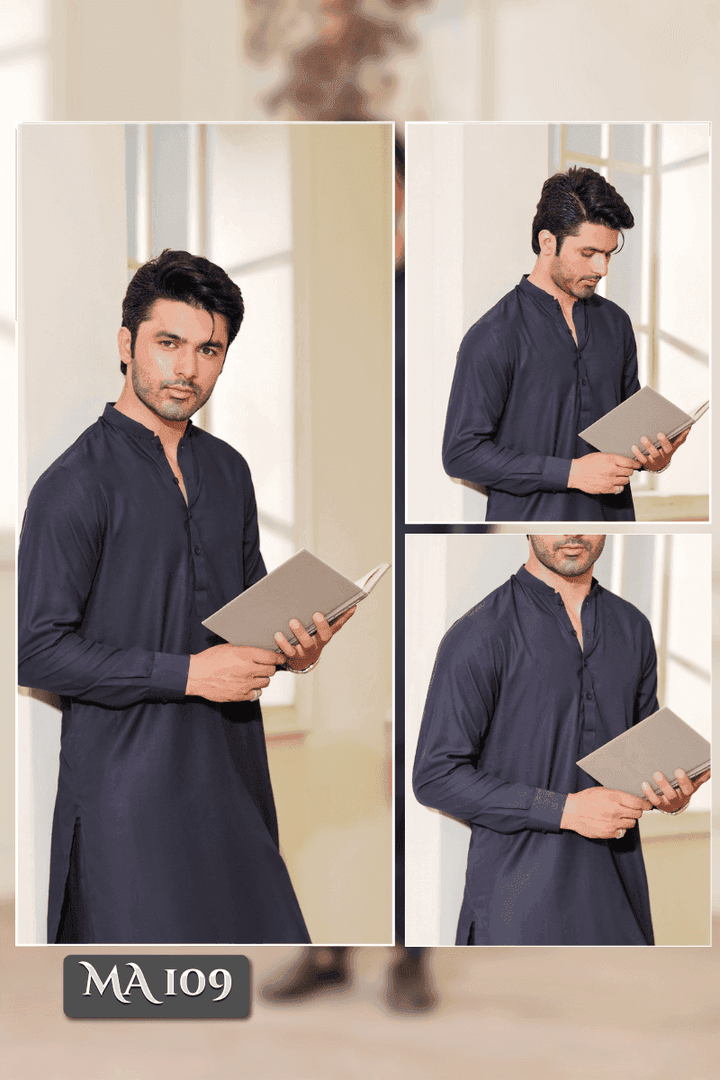 MA-109 Blue Kameez Shalwar for men in soft wash n wear fabric, styled with a modern fit and minimalistic design for everyday wear.