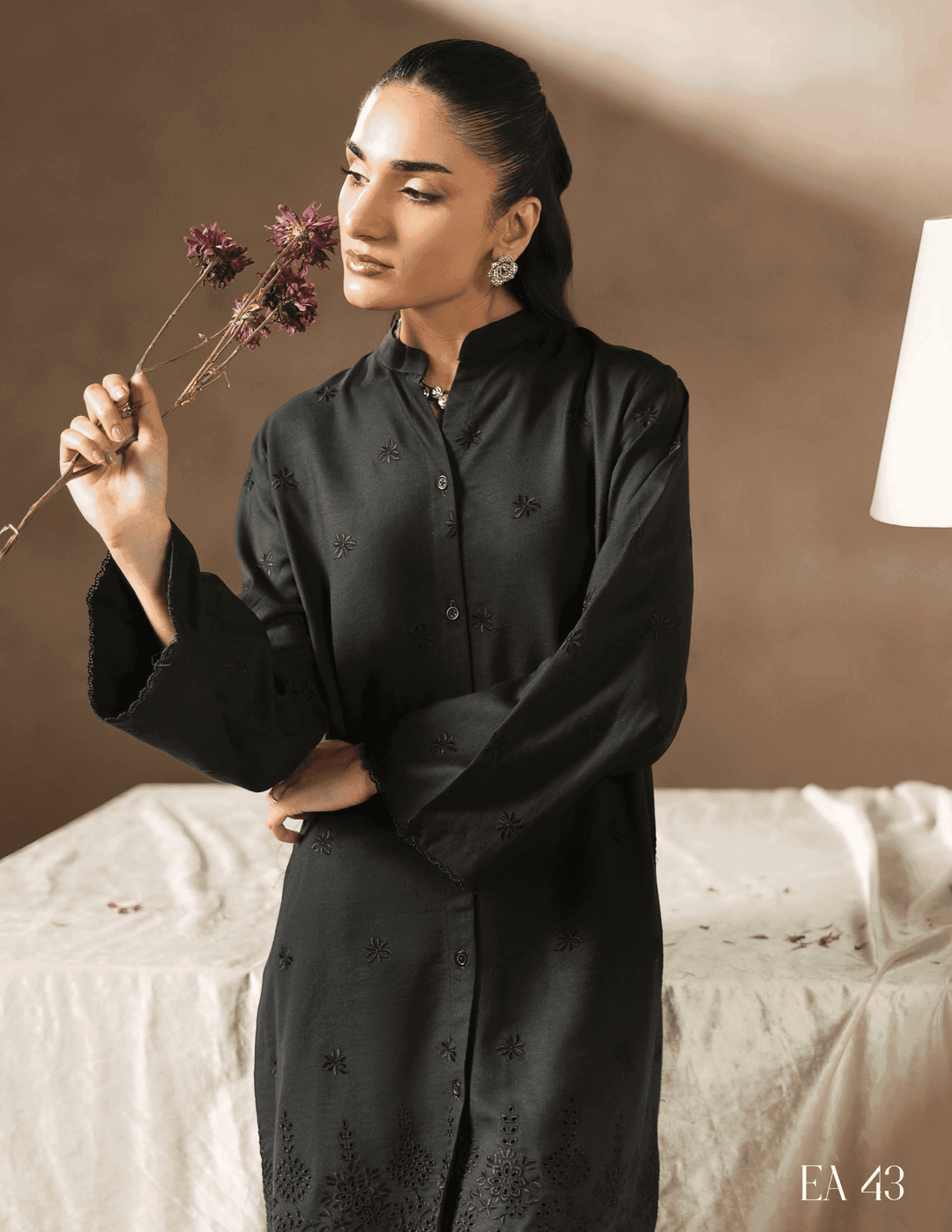 Close-up of RANGREZA EA-43-38 embroidered black kurta showcasing fine detailing and soft fabric, perfect for stylish winter wear.