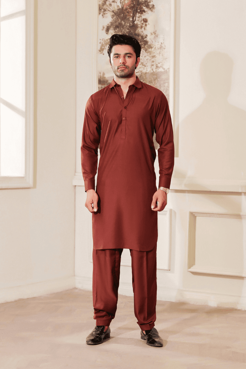 Shop Exclusive Maroon - Pakistani shalwar kameez men MA-110 featuring a classic fit in wash n wear fabric, ideal for formal and festive wear.