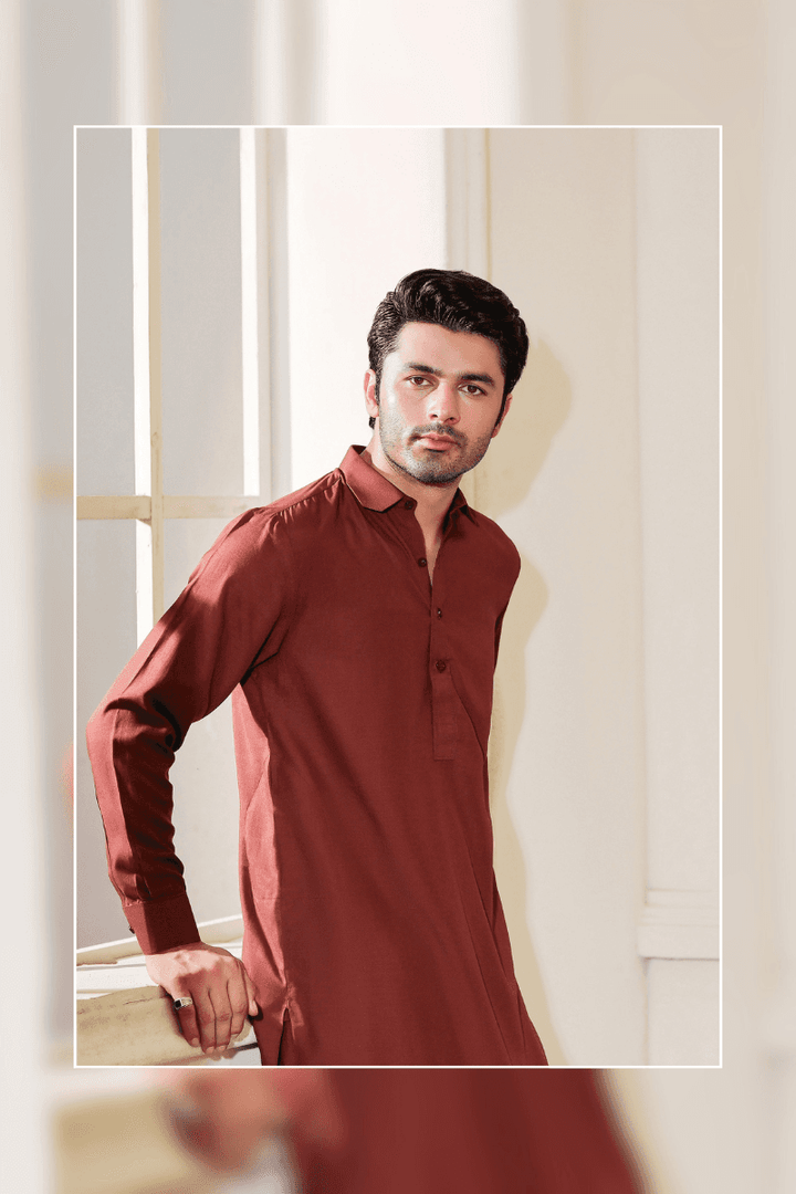 Close-up of Exclusive Maroon shalwar kameez MA-110 highlighting the collar and button placket, perfect for stylish Pakistani men's attire.