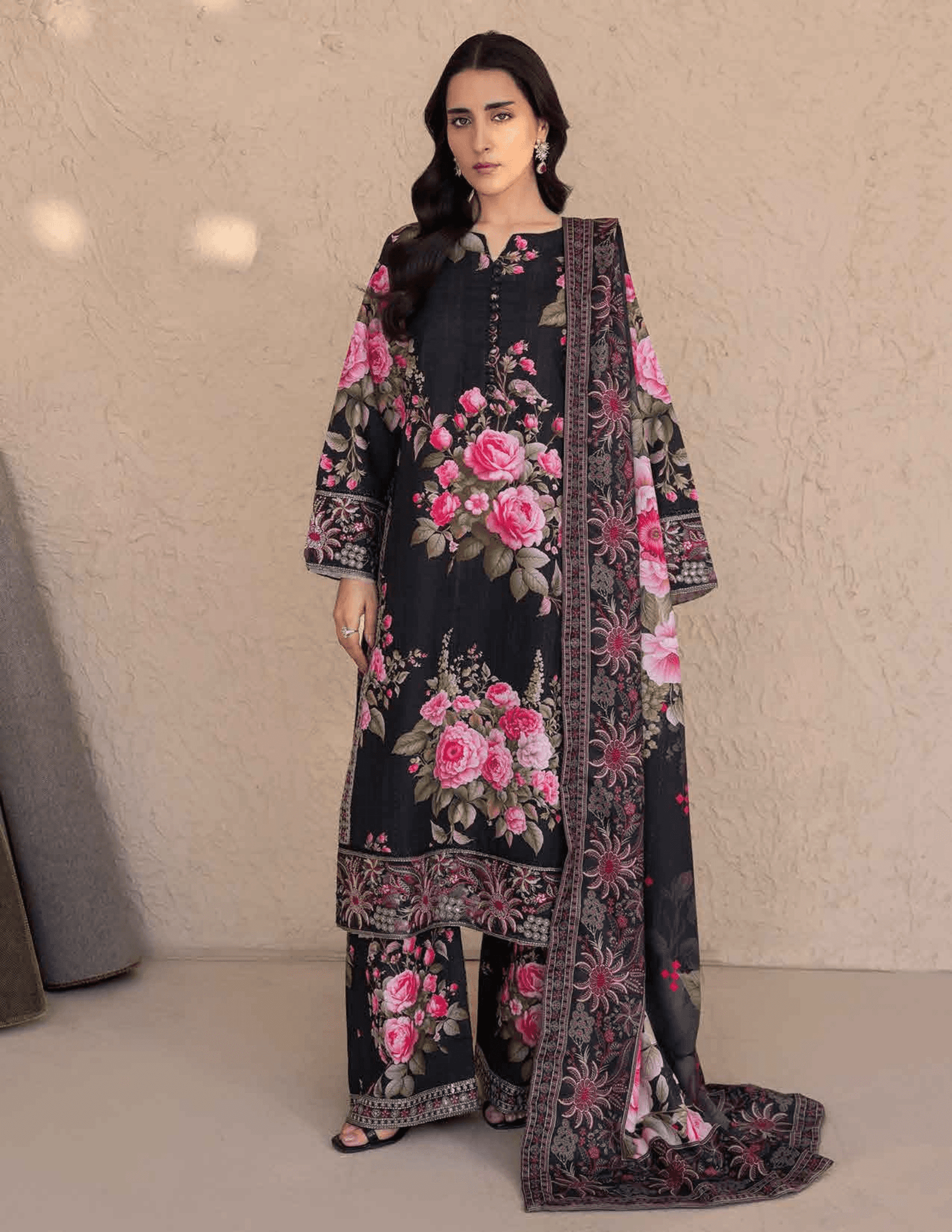 RANGREZA | ML-199-5408 - Khaddar Winter Collection 3 piece set featuring a black floral embroidered shirt, printed plazzo, and herringbone shawl.