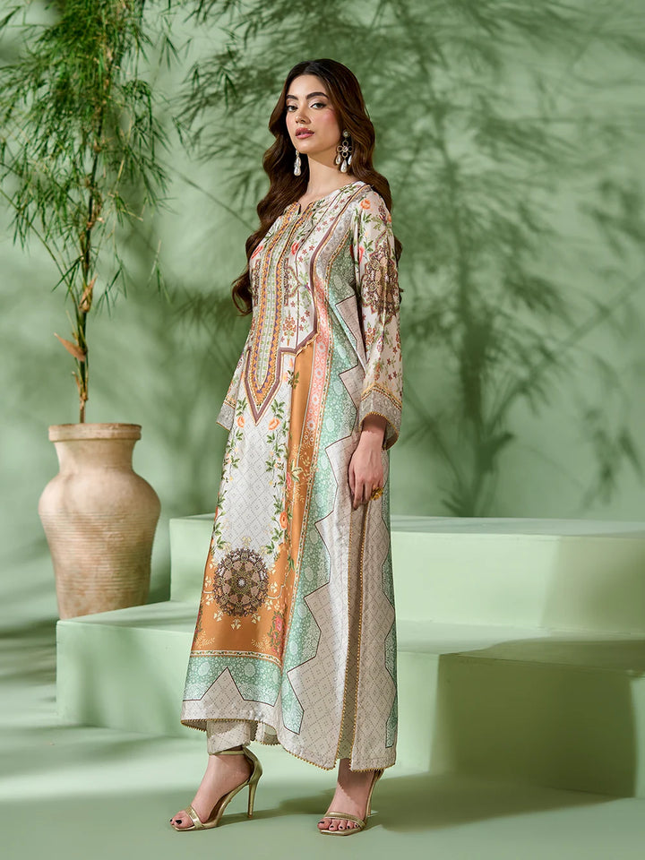 Rangreza Off-White Printed Silk 2-Piece Kaftan – EA-93-04