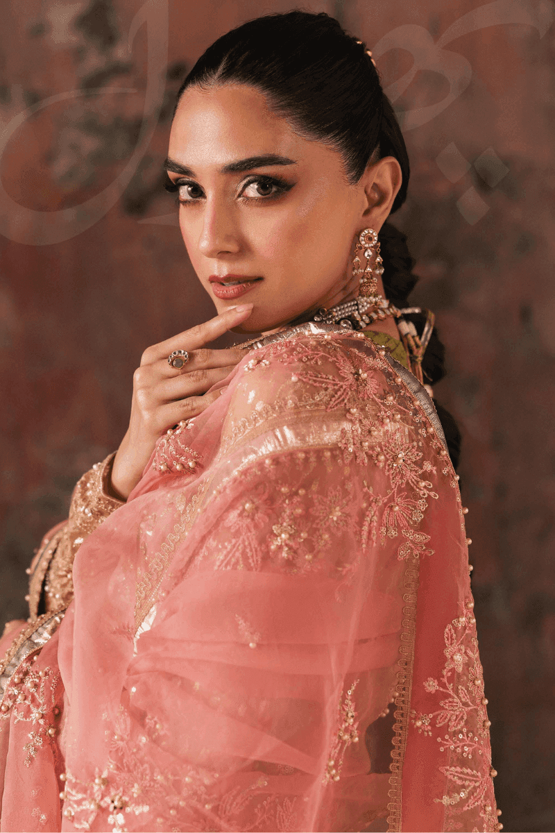 Detailed view of RANGREZA AL-4269 PHOOL dupatta in pink organza with gold embroidery, ideal for traditional mehndi ceremonies.