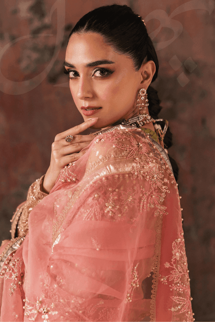 Detailed view of RANGREZA AL-4269 PHOOL dupatta in pink organza with gold embroidery, ideal for traditional mehndi ceremonies.