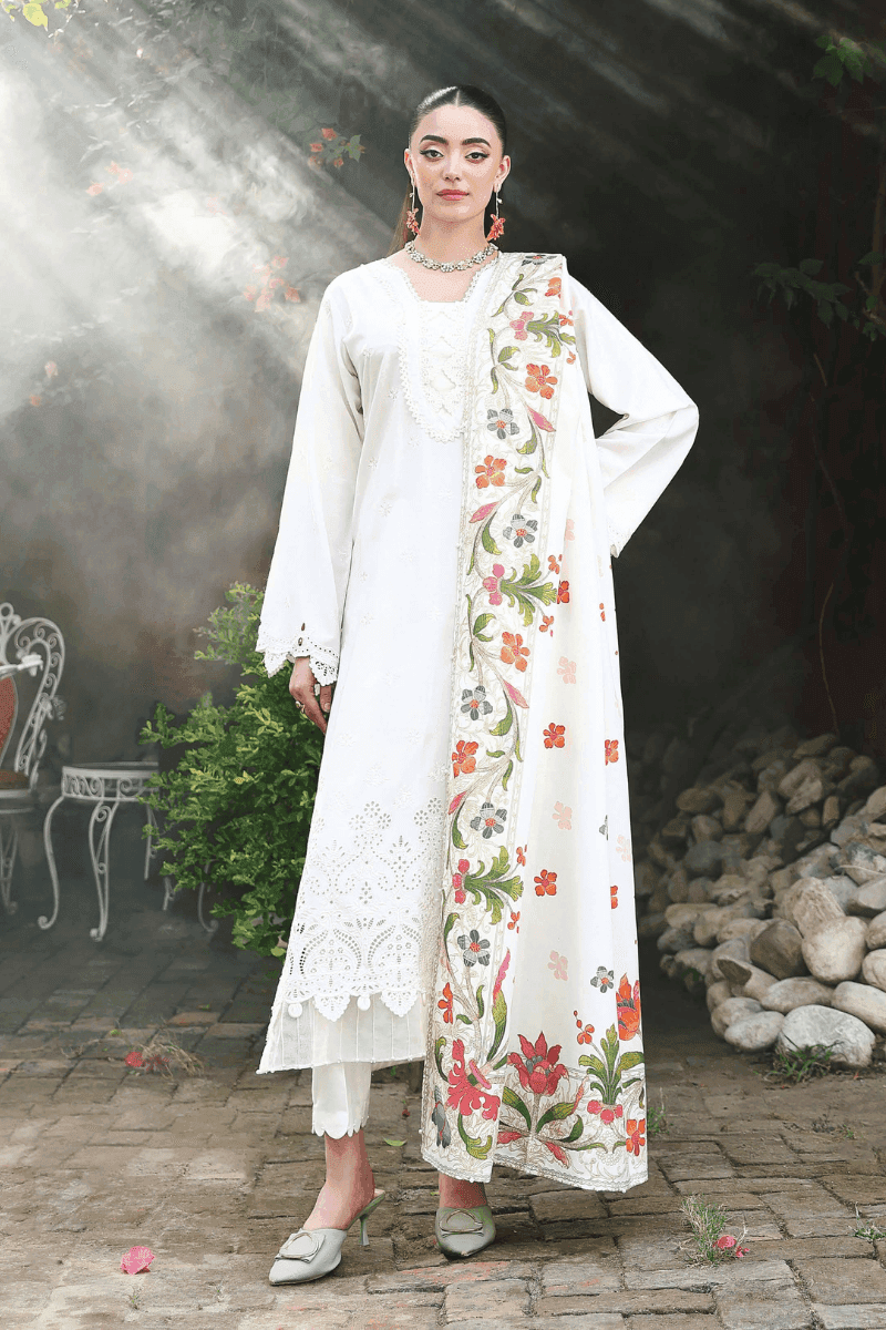 Shop Rangreza AL-1125 - Pakistani Suit featuring a white Dhanak shirt with chikankari embroidery and dual-side printed wool shawl with floral accents.