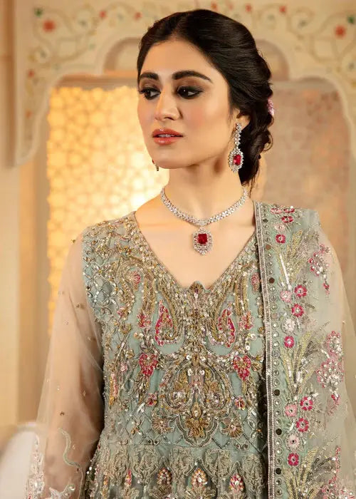 Model wearing Wedding 3 Piece Maxi Dress with embellished dupatta and ruby jewelry, perfect for festive celebrations.