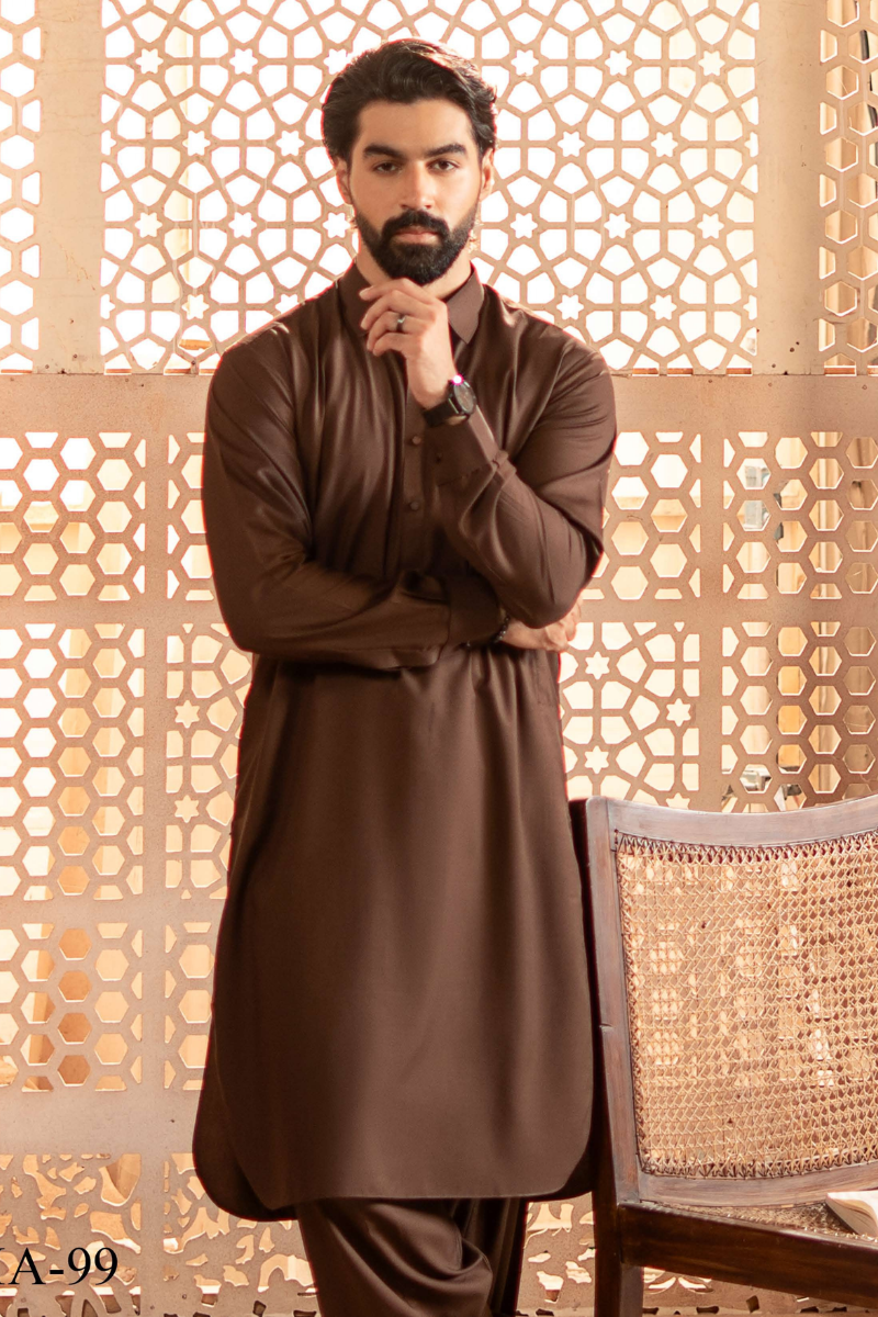 Close-up of RANGREZA | MA-99 brown gents shalwar kameez showcasing fine stitching and elegant fabric for casual and formal occasions.