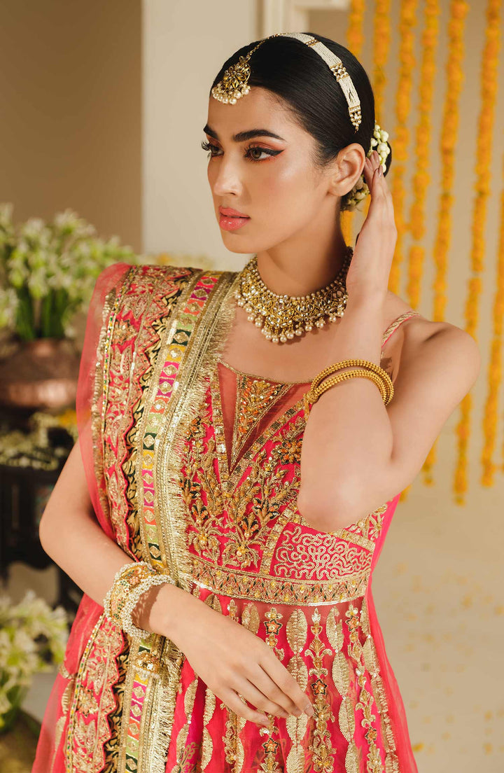 Close-up of MARYUM AND MARIA Surai bridal lehenga showing detailed embroidery on net and organza with traditional jewelry styling.
