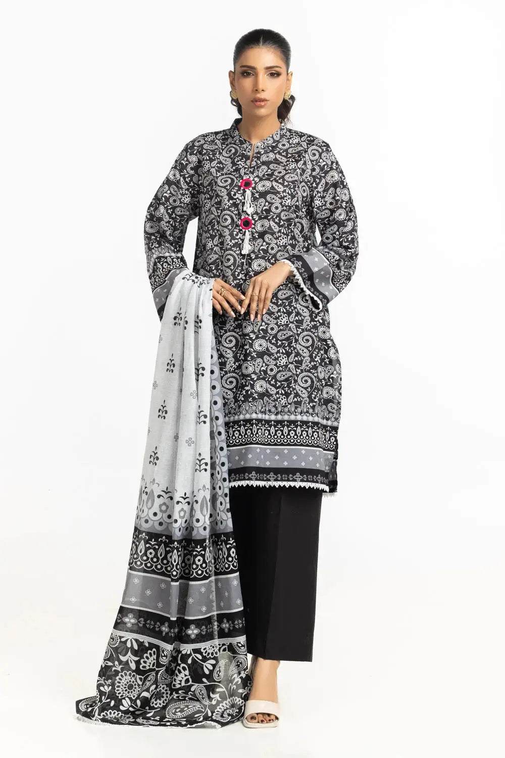 black and white dress designs in pakistan Luxury White Lawn Suit with Fine Black Embroidery Premium Unstitched 3Piece Elegance
