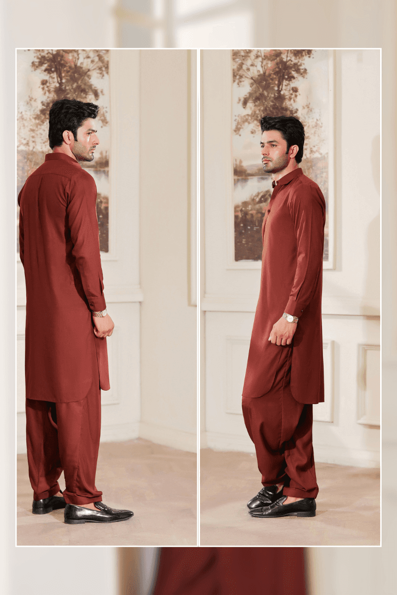 Side and back profile of Exclusive Maroon shalwar kameez MA-110 for men, designed in a sleek silhouette with traditional elegance.
