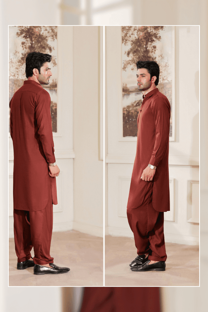 Side and back profile of Exclusive Maroon shalwar kameez MA-110 for men, designed in a sleek silhouette with traditional elegance.