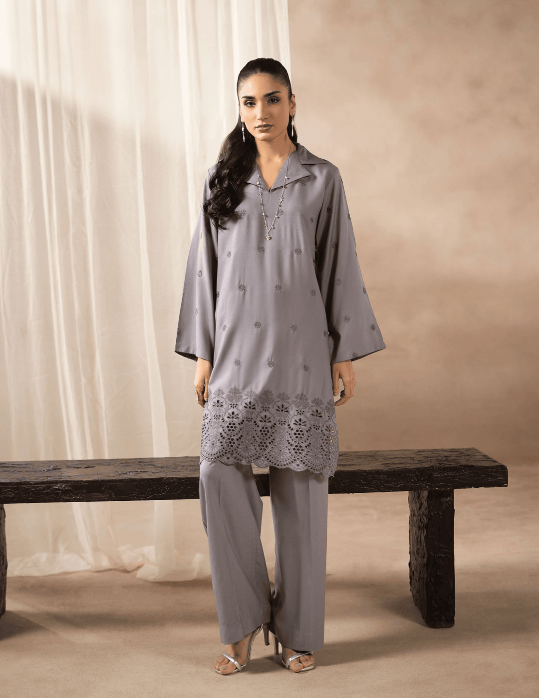 RANGREZA EA-44-38 two piece Dhanak kurta set in grey with embroidered detailing, ideal for winter wear from Pakistani suits online store.