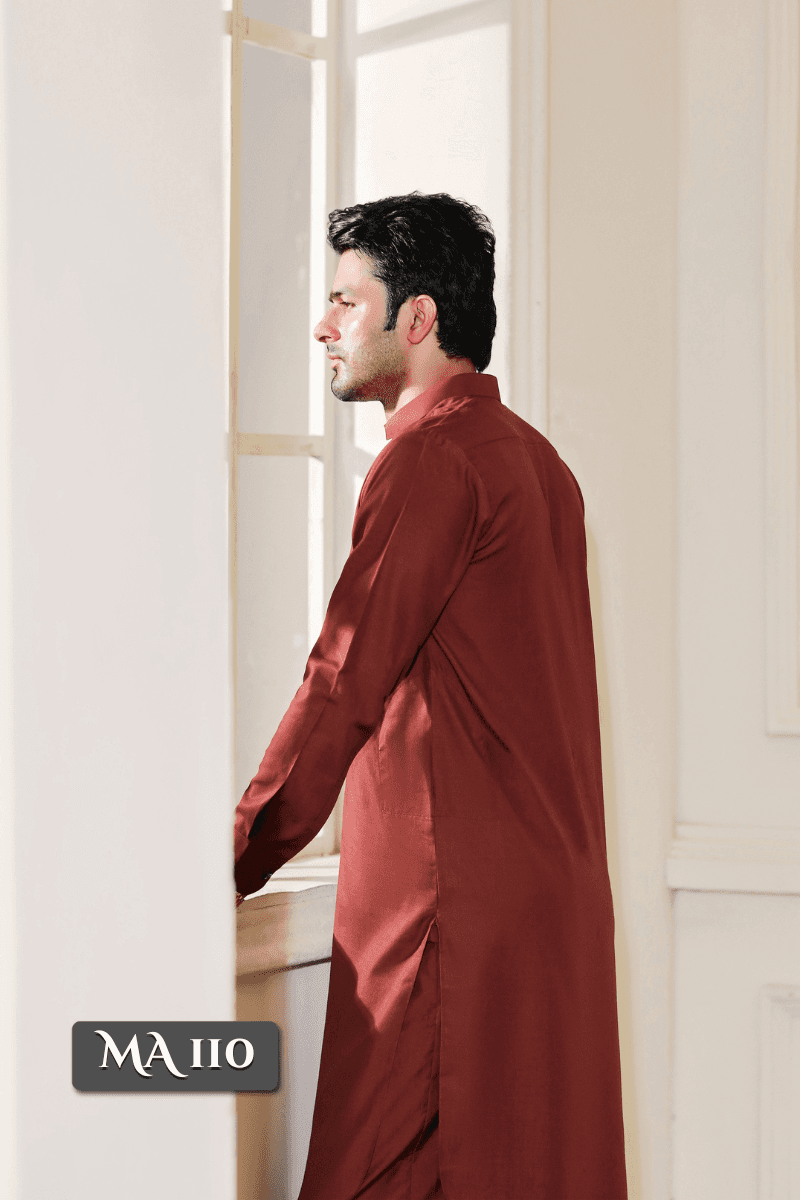 Back view of Exclusive Maroon shalwar kameez MA-110 for men, showcasing clean tailoring and premium wash n wear fabric in a deep maroon shade.