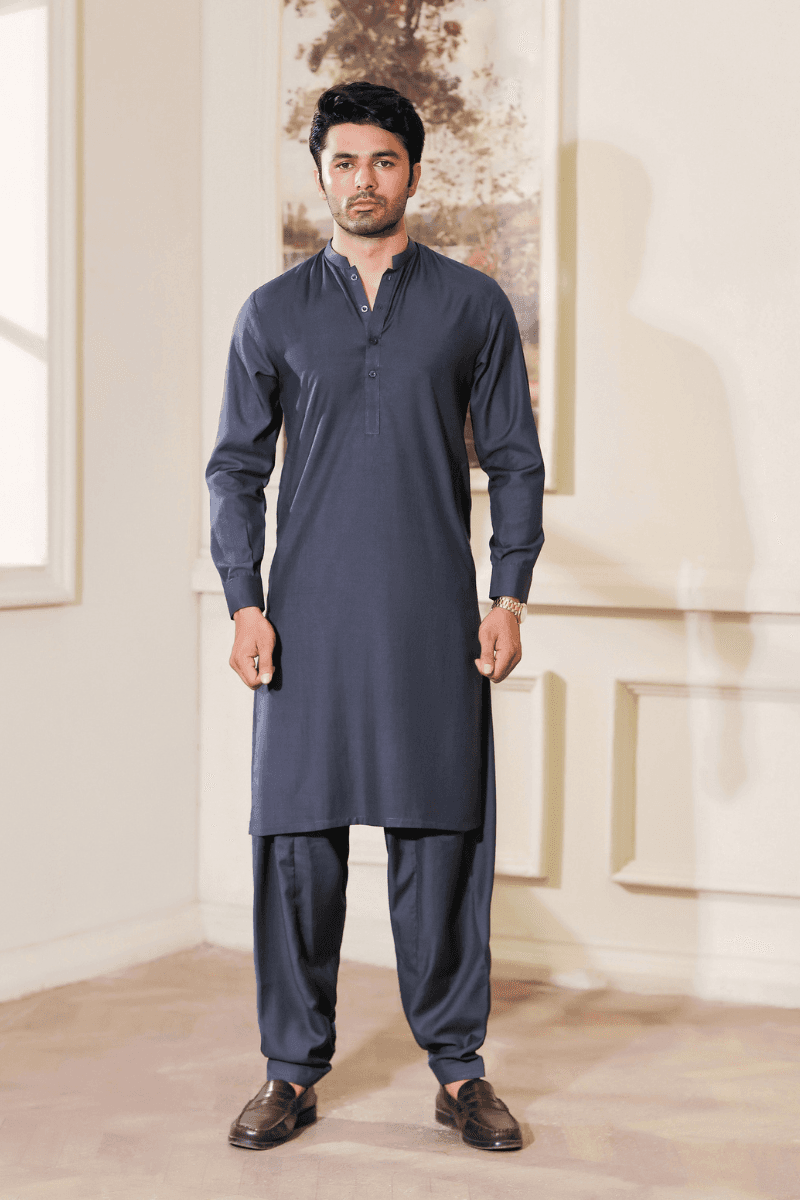 BUY Kameez Shalwar Gents Gray Wash N Wear Fabric MA-111 featuring full-sleeve shirt and matching trousers in a classic straight fit.