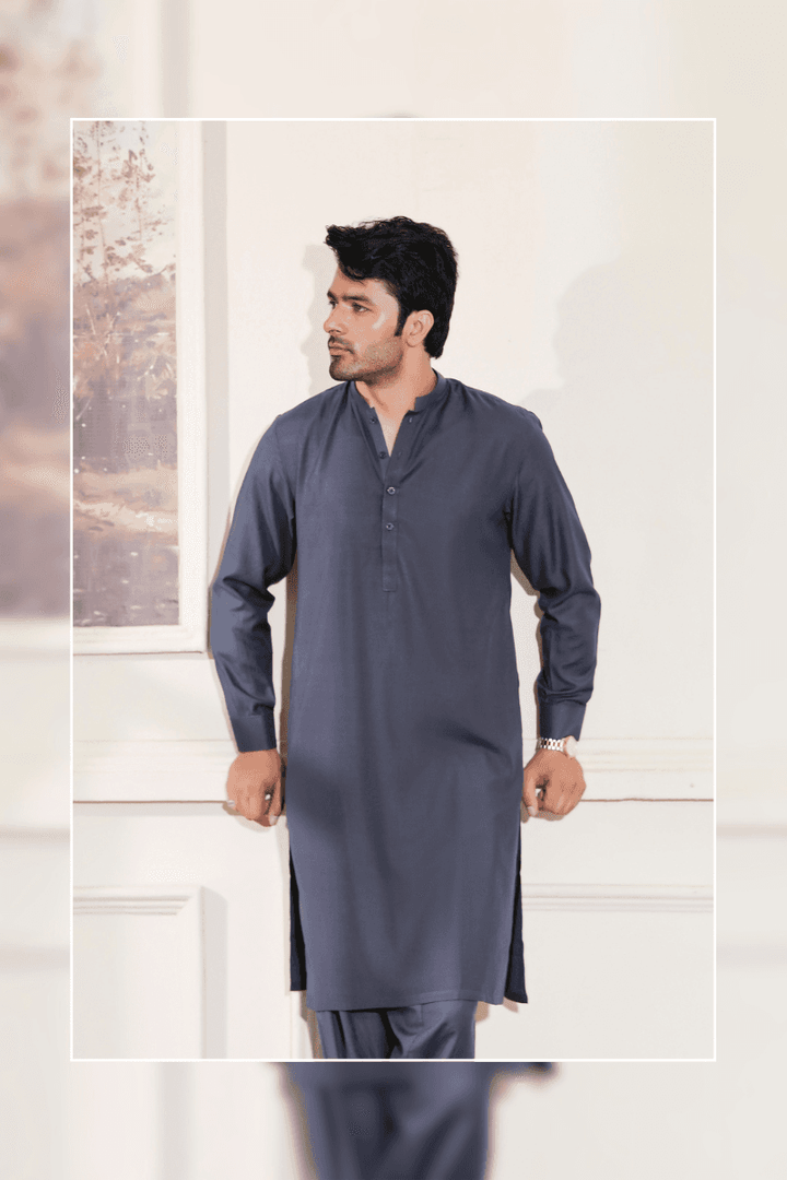 EXCLUSIVE KAMEEZ SHALWAR GRAY MA-111 in wash and wear fabric, shown in a front-facing pose highlighting the collar and button placket.