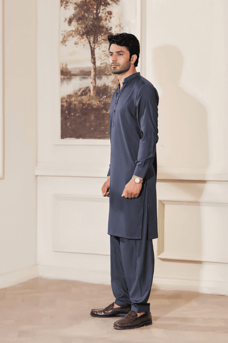 Side view of gray Kameez Shalwar MA-111 for men, showcasing the clean stitching and fall of the wash and wear fabric.