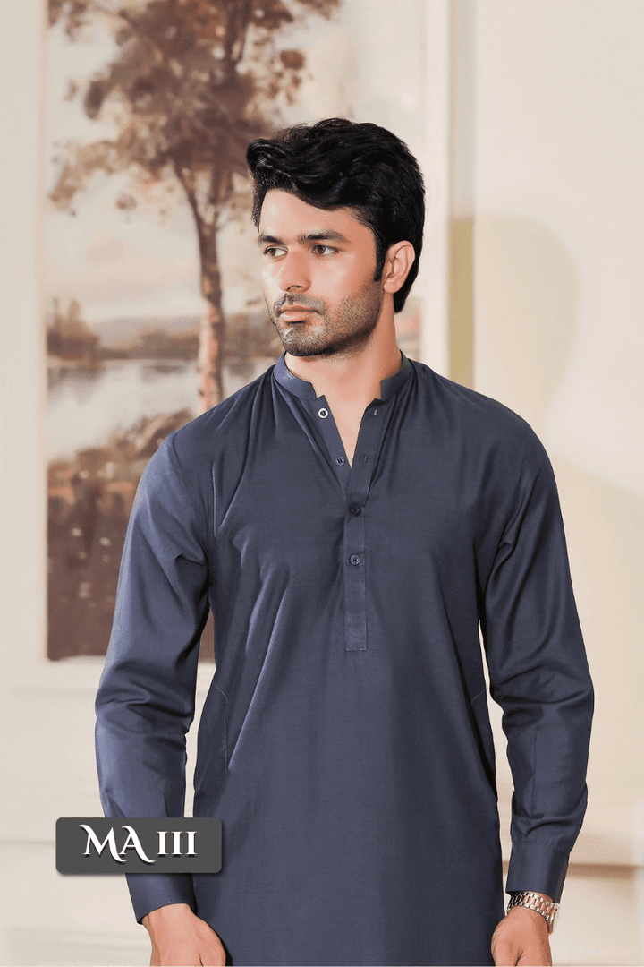 Close-up of gray Kameez Shalwar MA-111 highlighting the neckline and button details, ideal for formal and semi-formal wear.
