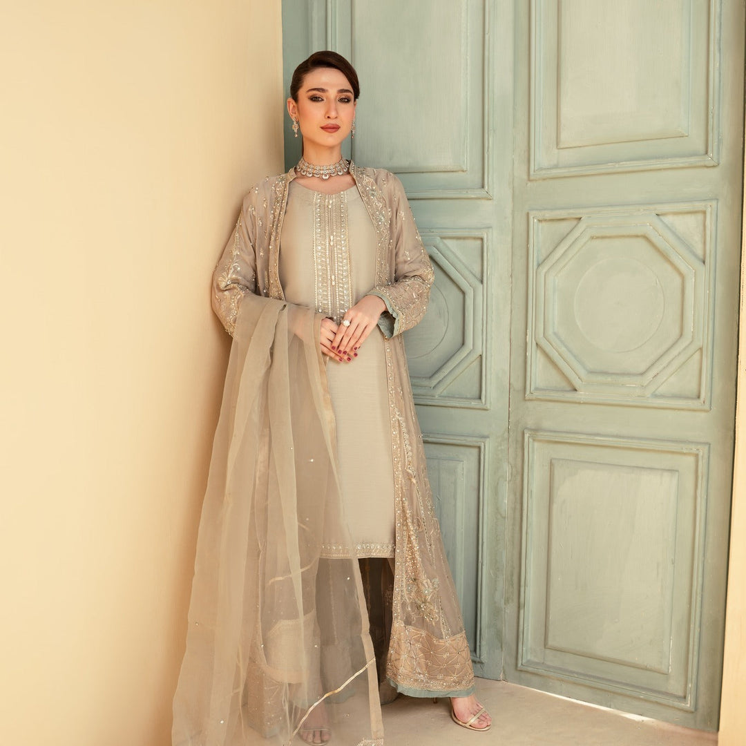 Taupe-toned Pakistan gown dress woman with sheer dupatta and intricate embroidery, elegant shirt pants and dupatta set.