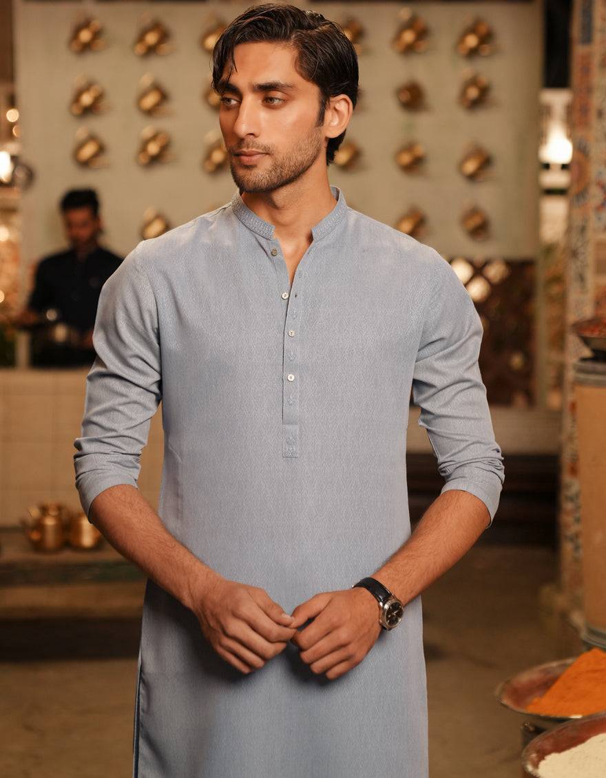 green emerald velvet dress JJK-A-46663 - Light Grey Semi Formal Kurta