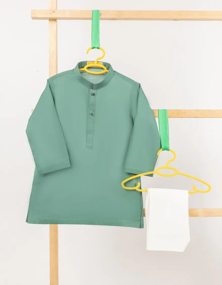 J. Green Kameez Shalwar - JJIKS-S-46787 for kids, featuring a green blended kameez with white shalwar. Traditional wear in premium fabric.