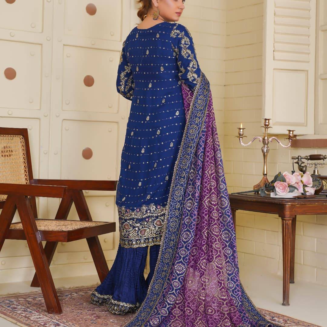 Navy Blue Chiffon Sharara Outfit With Floral Embroidery | Rs-3409 Rangreza Navy Blue Chiffon Sharara Outfit With Floral Embroidery | Rs-3409 Rangreza