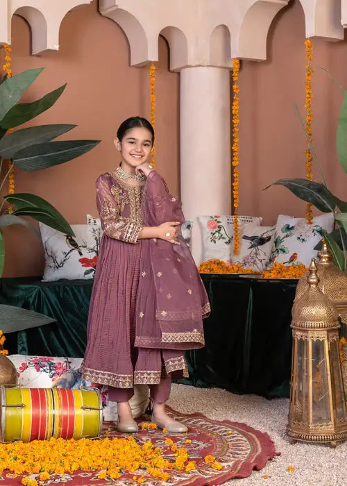 Rangreza Kids RR-3841 Eid girl Pakistani outfit, a 3-piece set with embroidered pishwas, matching trousers, and a chiffon dupatta in festive hues.
