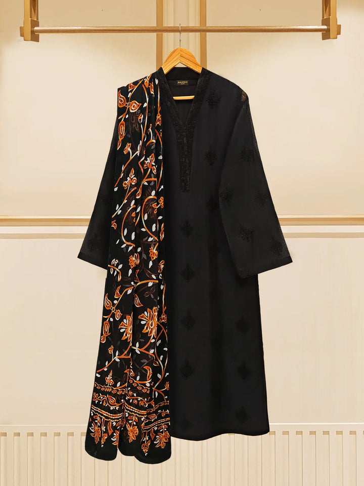 Elegant black embroidered suit with floral dupatta