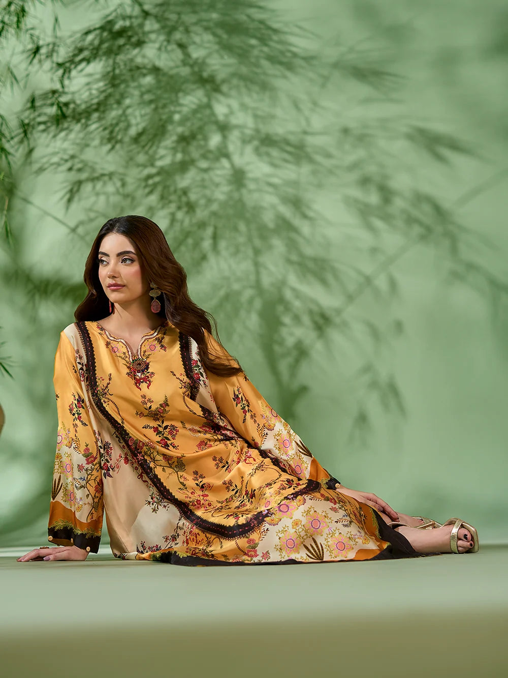 Rangreza Mustard Printed Silk 2-Piece Kaftan – EA-89-04
