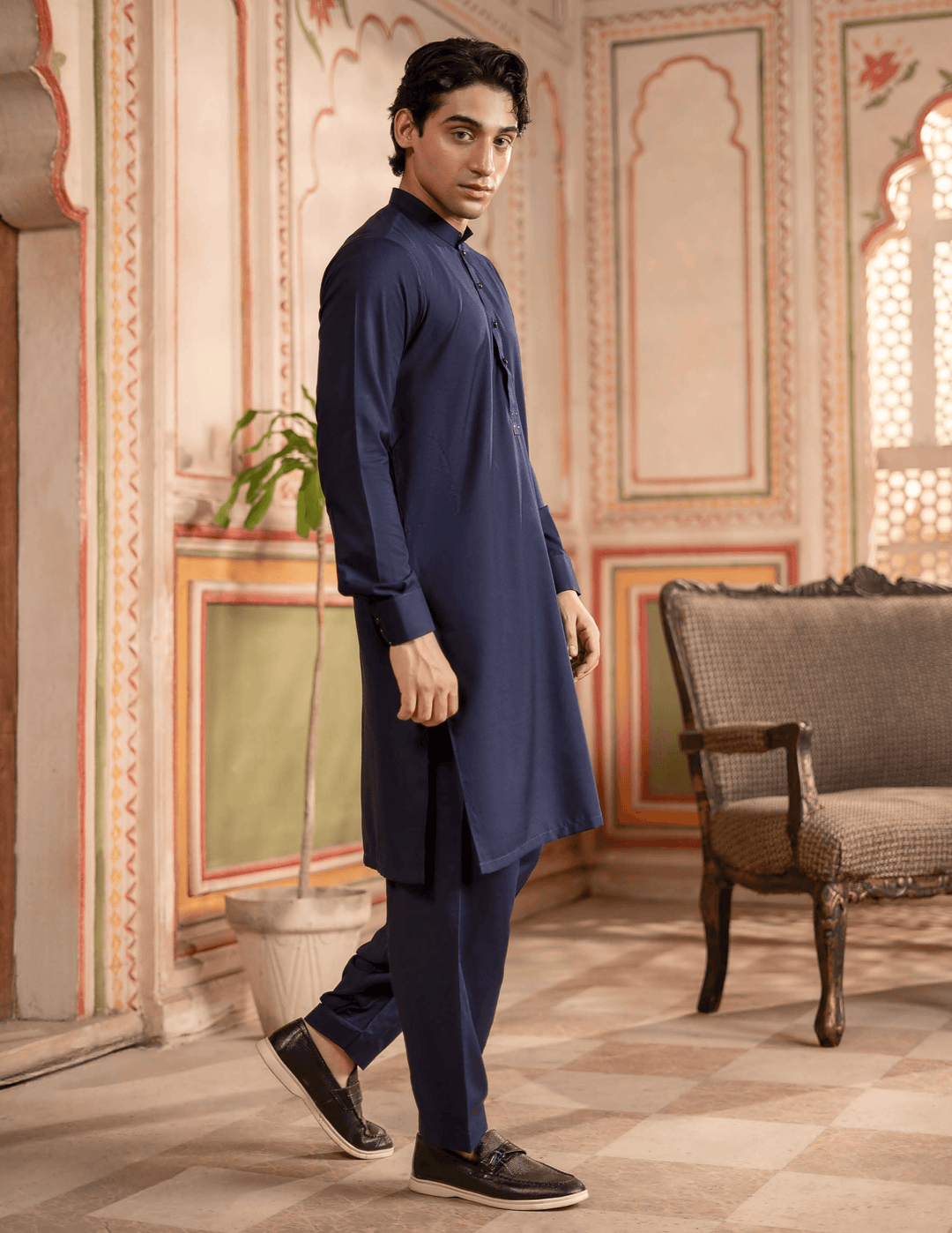 Pakistani men's salwar suit RANGREZA MA-92 in deep blue, featuring a classic kameez shalwar design with buttoned neckline and tailored fit.