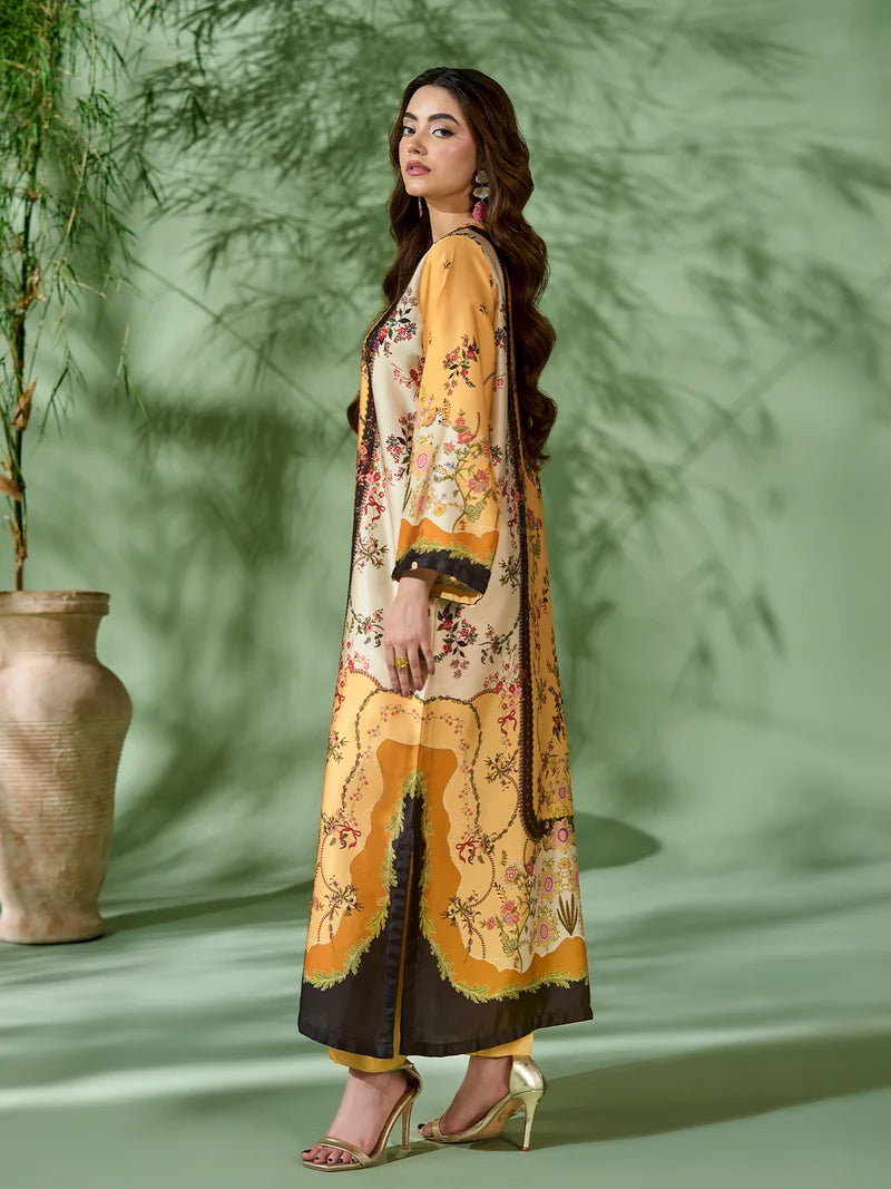 Rangreza Mustard Printed Silk 2-Piece Kaftan – EA-89-04