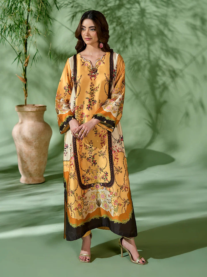 Rangreza Mustard Printed Silk 2-Piece Kaftan – EA-89-04