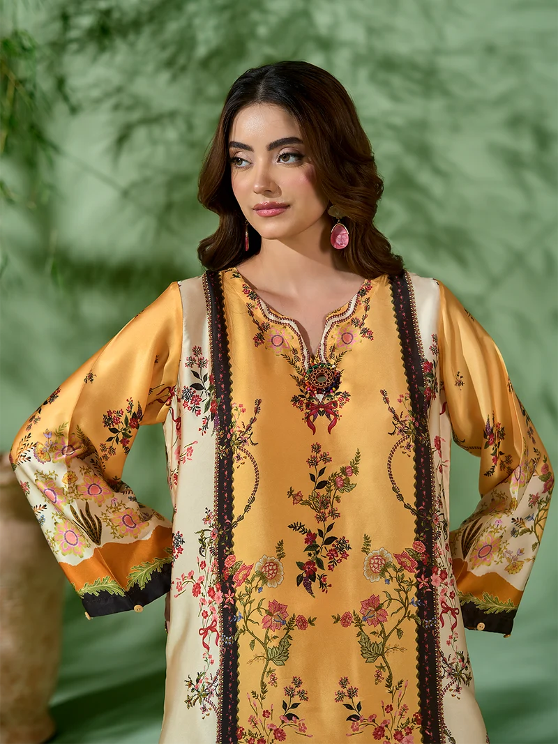 Rangreza Mustard Printed Silk 2-Piece Kaftan – EA-89-04