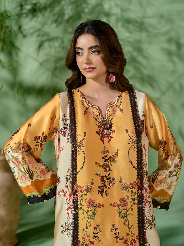 Rangreza Mustard Printed Silk 2-Piece Kaftan – EA-89-04